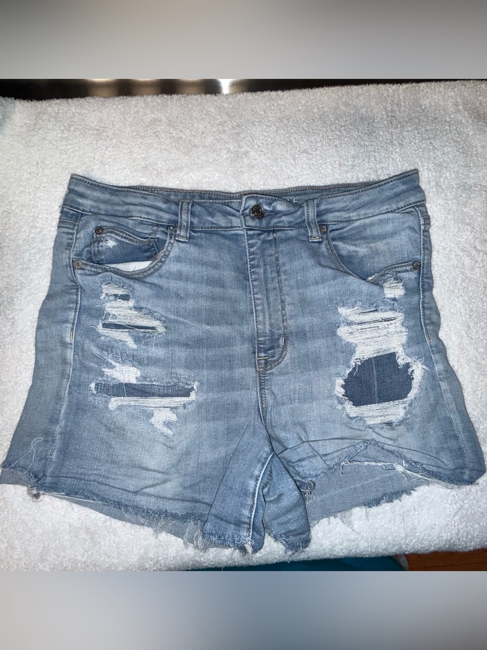 American Eagle Outfitters Light Blue Denim Shorts Size 14 Super Hi-Rise Shortie